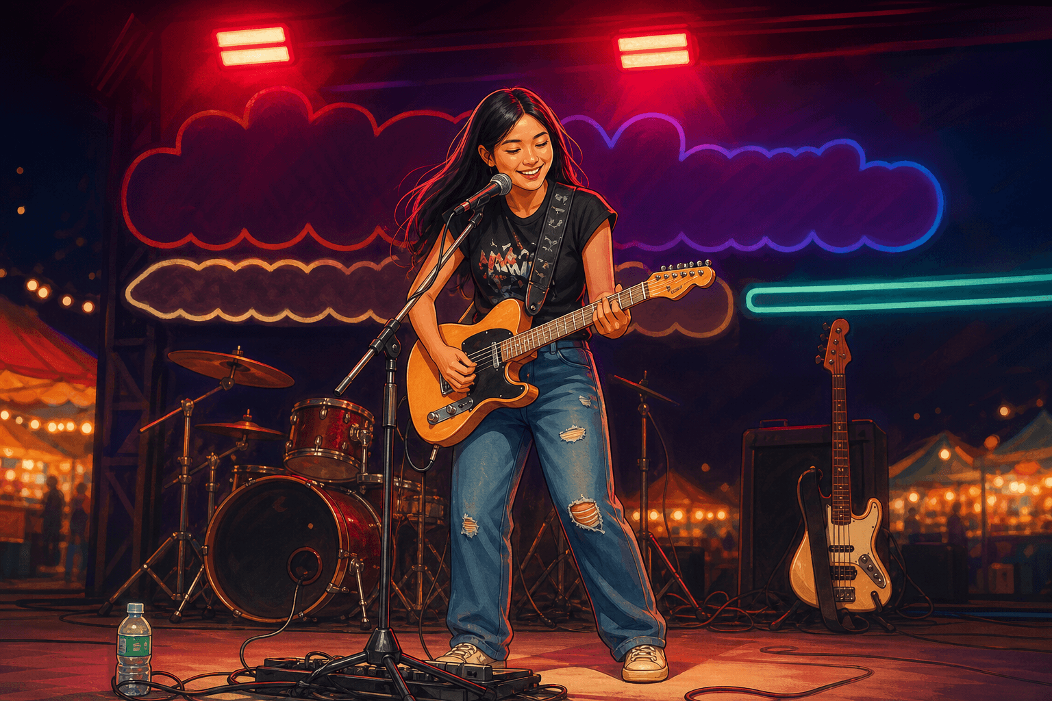 Cartoon illustration of Nene Royal happily playing guitar on the Naka Weekend Market stage